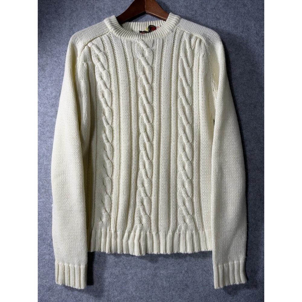 Vintage 70s Hudson's Bay Baymart Cable Knit Sweater Mens Small Ivory Made Taiwan